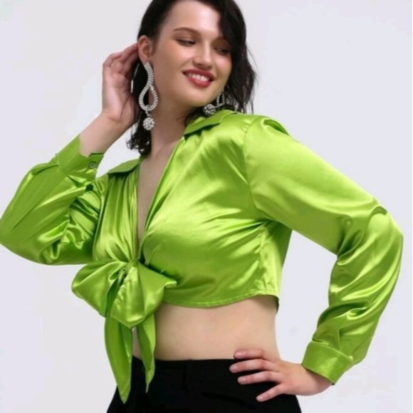 SHEIN 2XL Lime Green Long Sleeve Tie Front Top - Picture 2 of 12